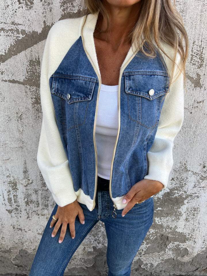 Denim Sherpa-jacka - Casual - Zip-Up - Denim Fleece Jacket - Damjacka