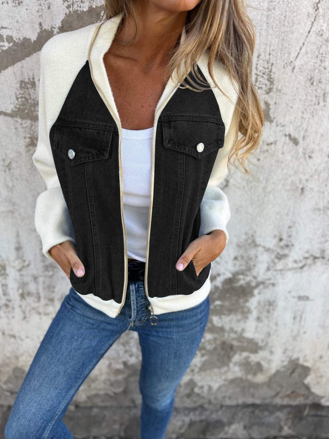 Denim Sherpa-jacka - Casual - Zip-Up - Denim Fleece Jacket - Damjacka