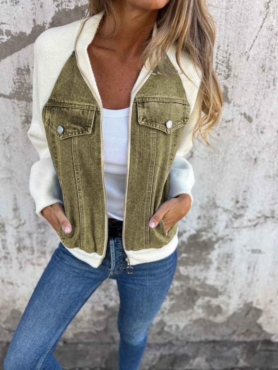 Denim Sherpa-jacka - Casual - Zip-Up - Denim Fleece Jacket - Damjacka