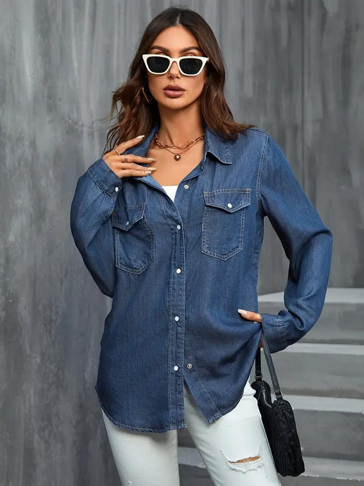 Denimblus - knäppning - långärmad - damskjorta - lös passform