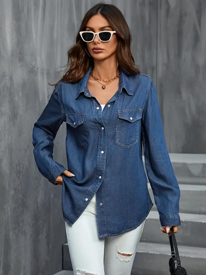 Denimblus - knäppning - långärmad - damskjorta - lös passform
