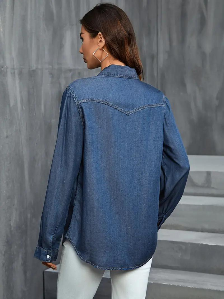Denimblus - knäppning - långärmad - damskjorta - lös passform