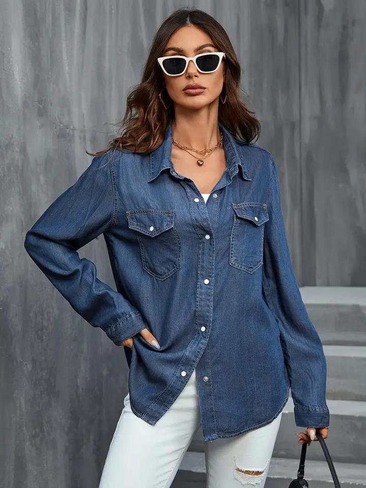 Denimblus - knäppning - långärmad - damskjorta - lös passform