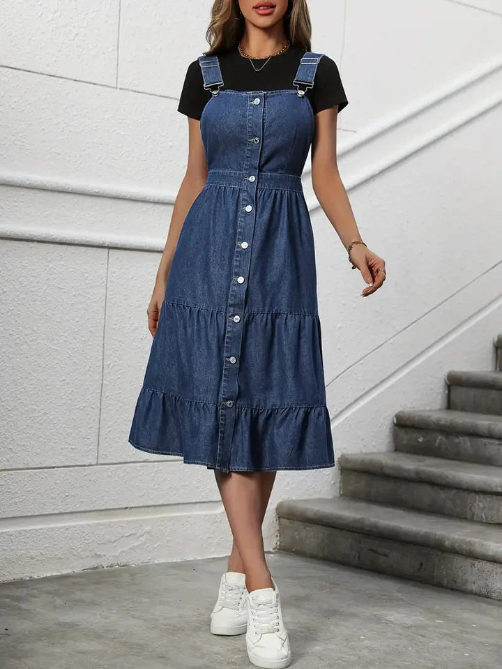 Denimklänning, Knapp ner, Ärmlös, Sommarklänning, Midiklänning