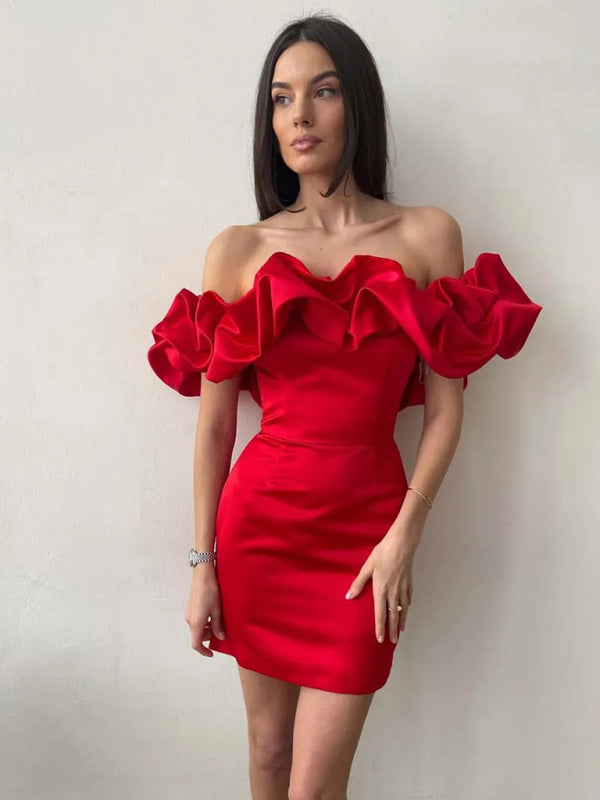 Elegant Satinklänning med Volang, Off-Shoulder Mini för Fest | Mirla