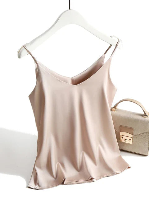 Damernas V-hals Spaghettiband Satin Top