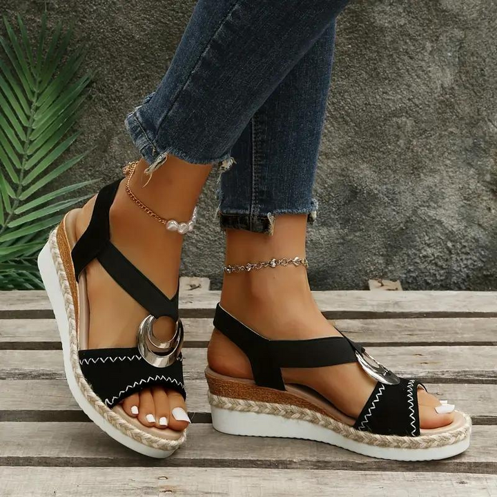 Espadrillesandaler, plattform, elastiskt band, kilformade sandaler, sommarskor