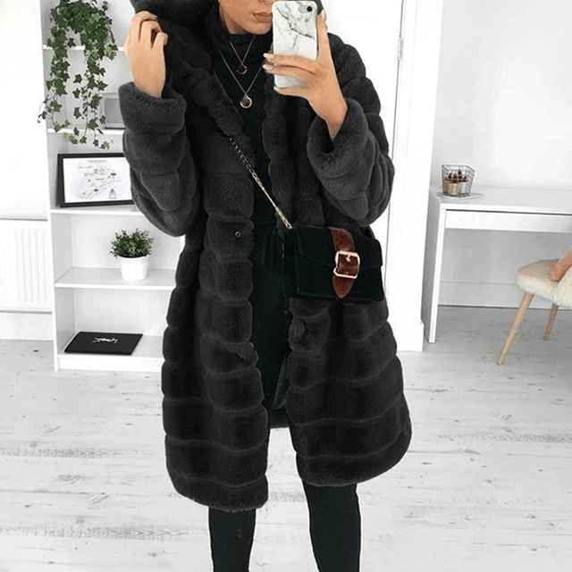 Faux Fur Coat - Vinterjacka med huva och päls för kvinnor