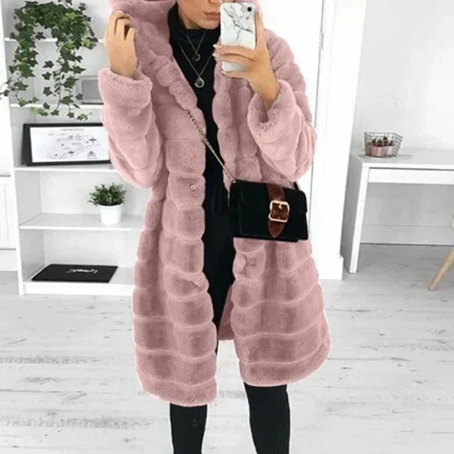 Faux Fur Coat - Vinterjacka med huva och päls för kvinnor