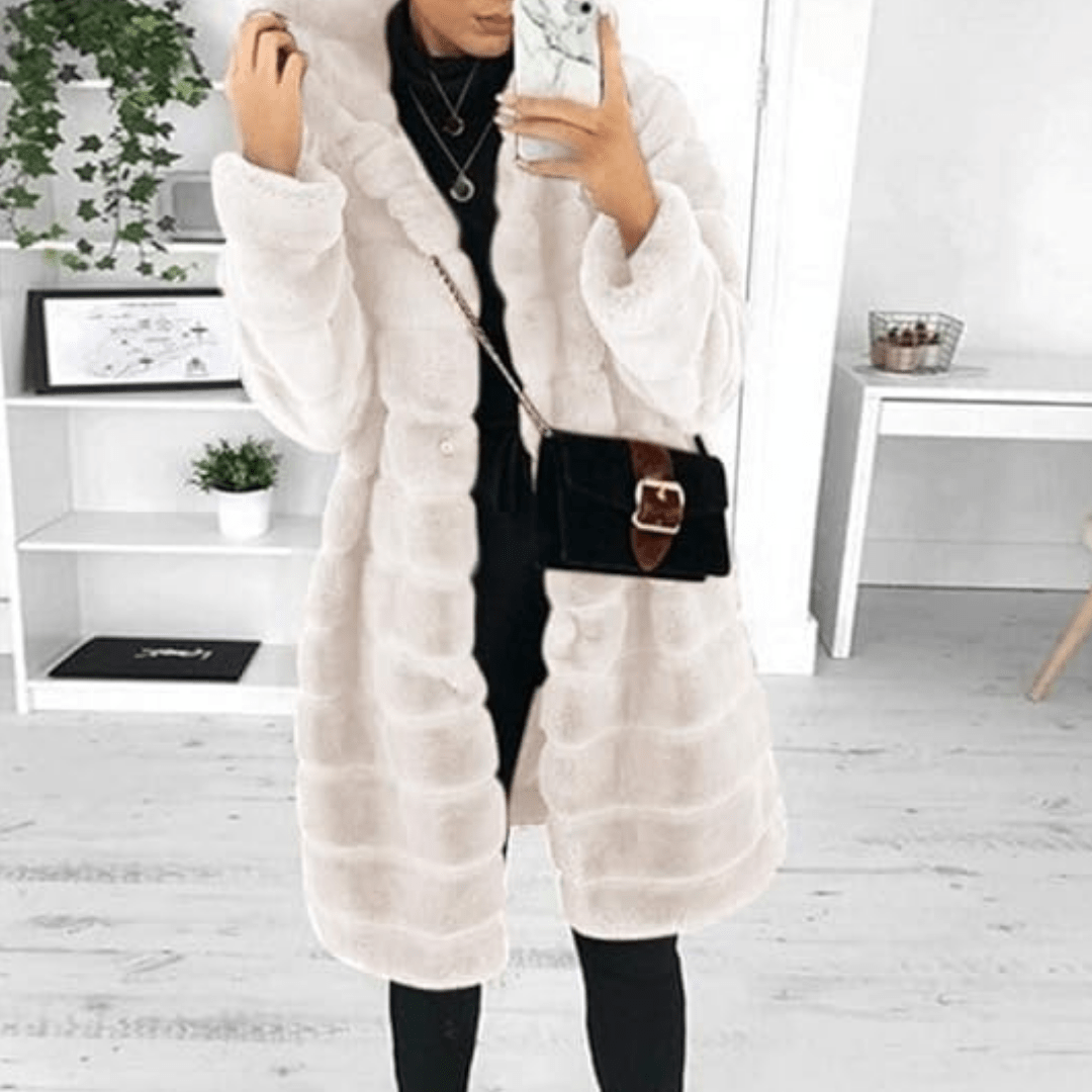 Faux Fur Coat - Vinterjacka med huva och päls för kvinnor