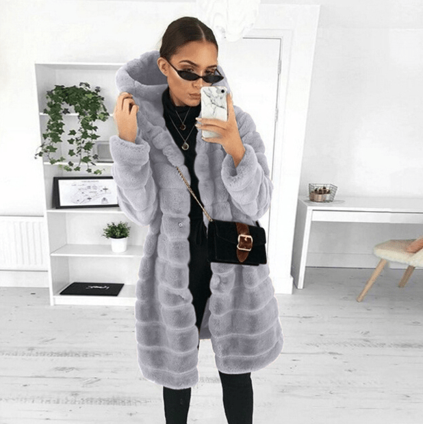 Faux Fur Coat - Vinterjacka med huva och päls för kvinnor