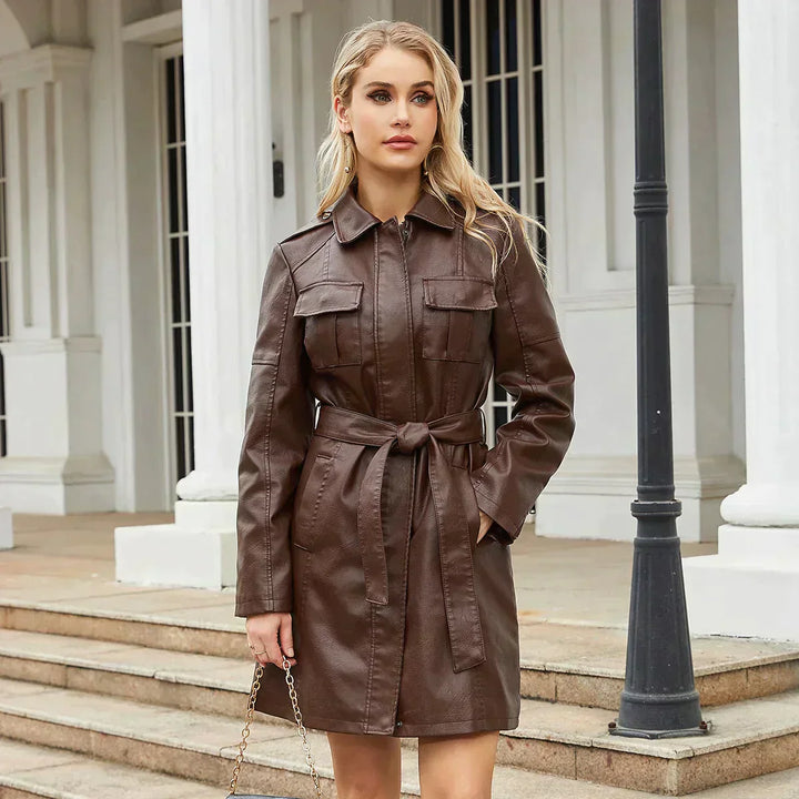 Faux läderjacka | Mellanlång | Bältad | Lång läderjacka | Läderjacka Dam