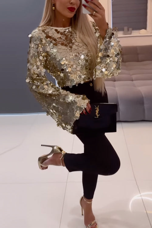 Kvinnors Festlig Crop Top med Paljetter och Klockärmar