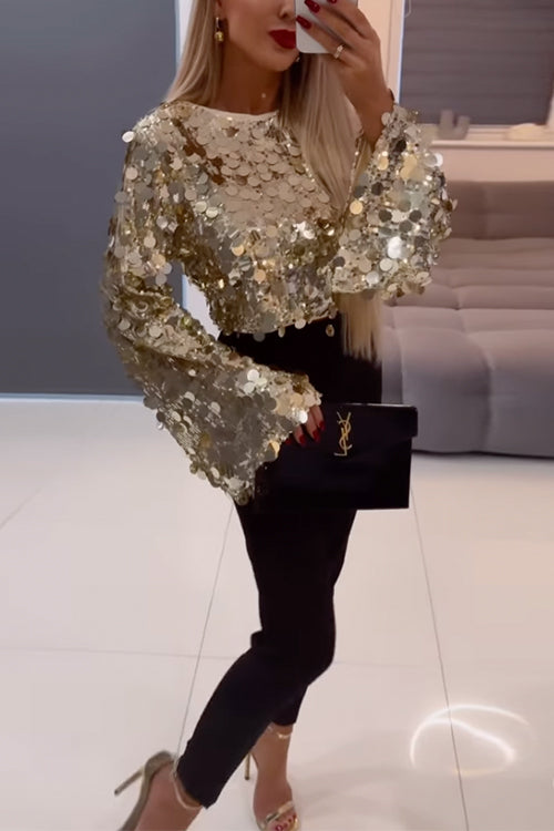 Kvinnors Festlig Crop Top med Paljetter och Klockärmar