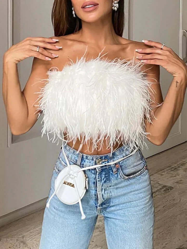 Fjädertopp - Bandeau - Party - Axelbandslös topp - Crop Top