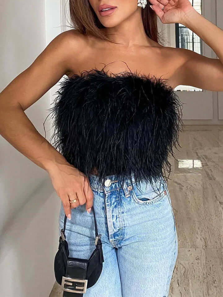 Fjädertopp - Bandeau - Party - Axelbandslös topp - Crop Top