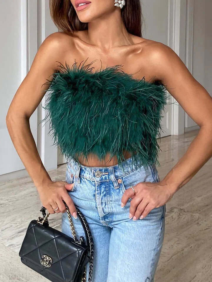 Fjädertopp - Bandeau - Party - Axelbandslös topp - Crop Top