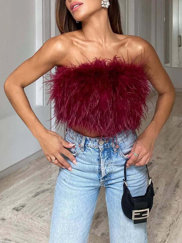 Fjädertopp - Bandeau - Party - Axelbandslös topp - Crop Top