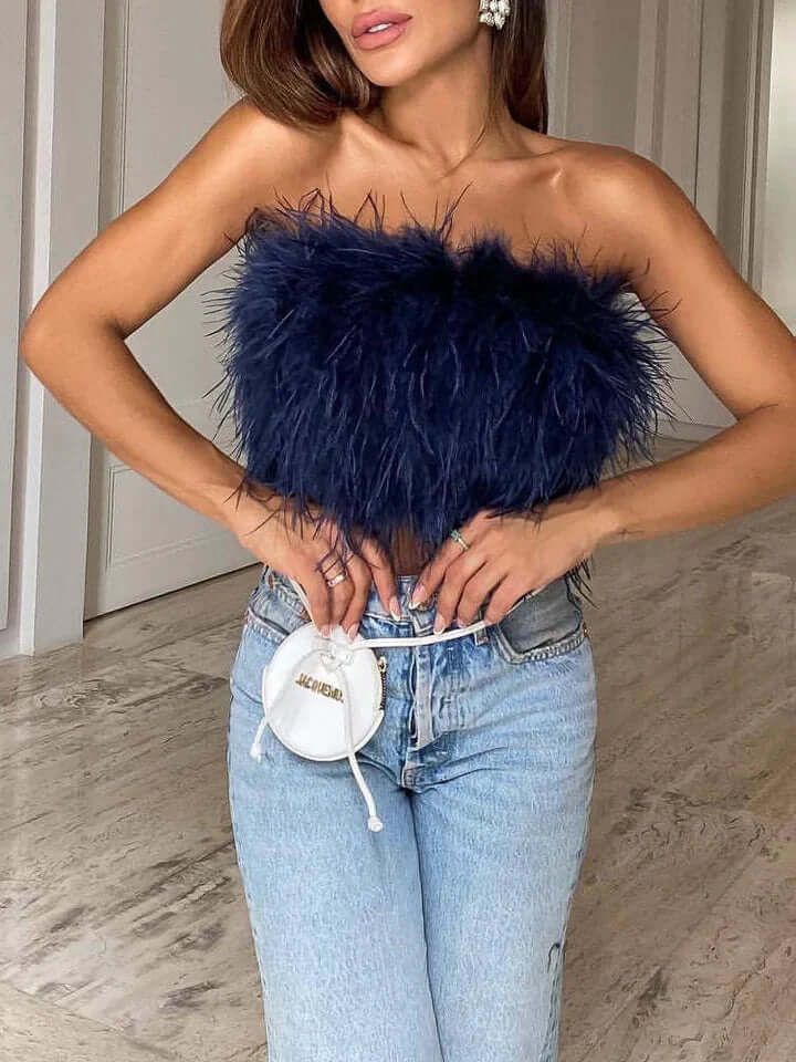 Fjädertopp - Bandeau - Party - Axelbandslös topp - Crop Top