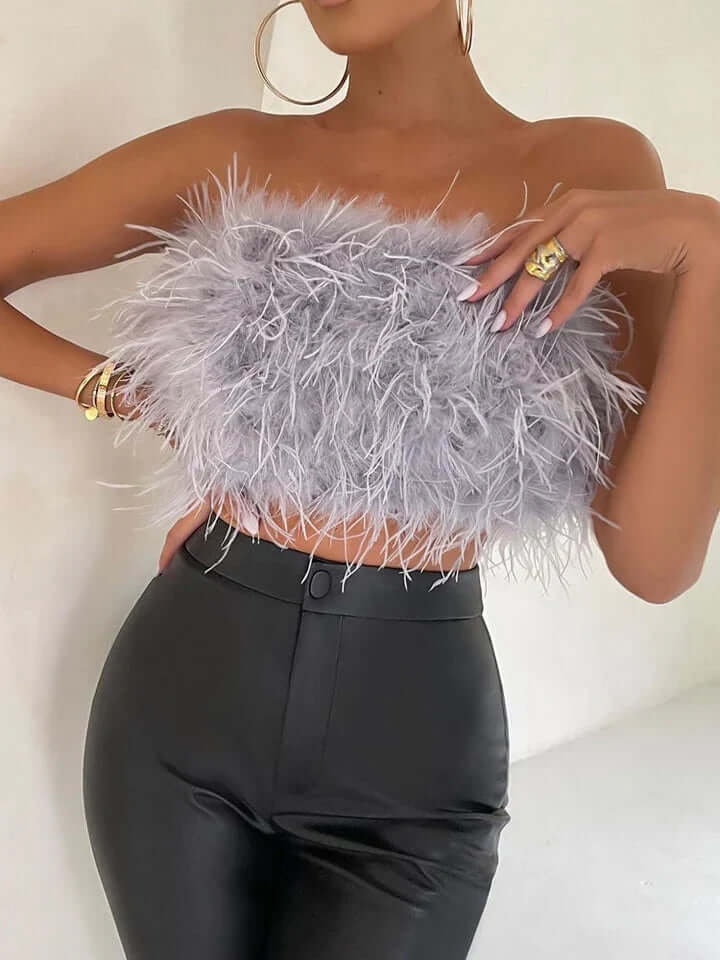 Fjädertopp - Bandeau - Party - Axelbandslös topp - Crop Top