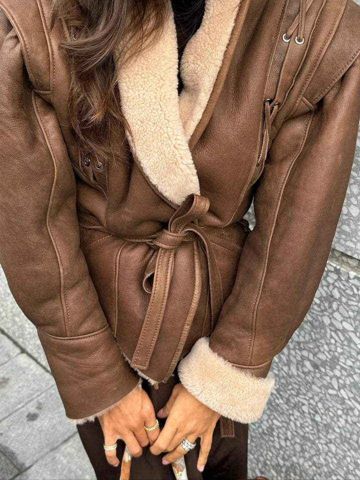 Fleece Fodrad Skinnjacka | Brun | Bälte | Skinnjacka med fuskpäls | Skinnjacka för kvinnor