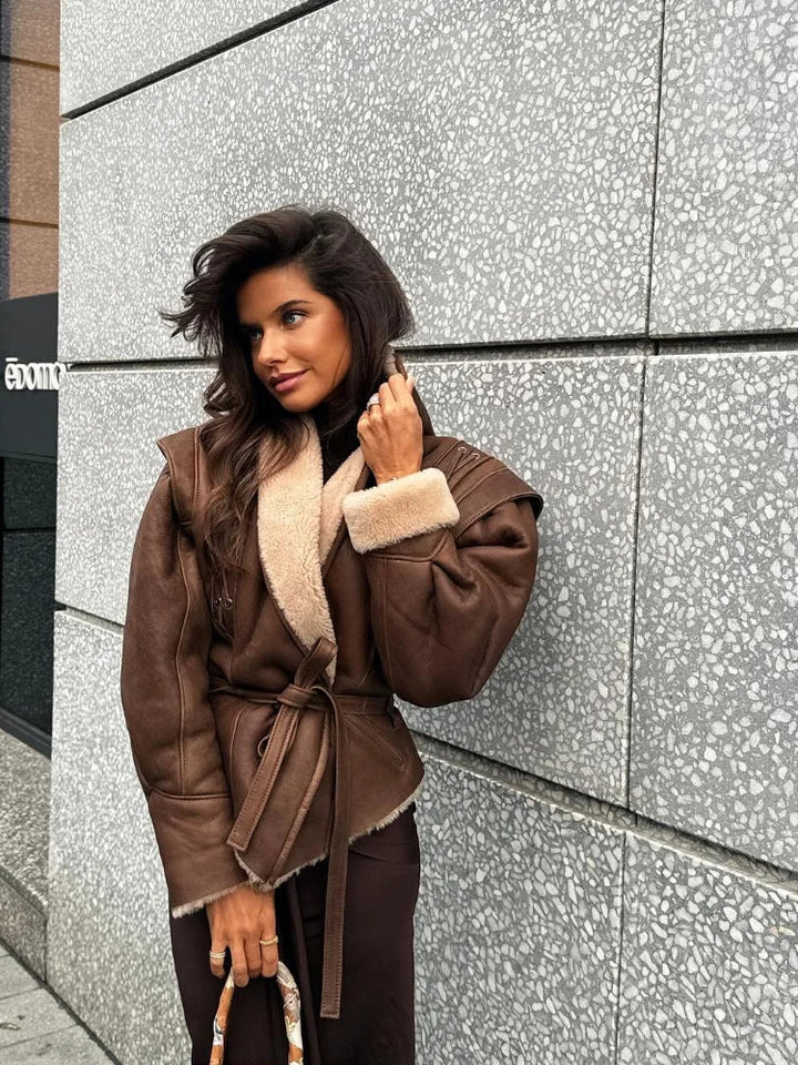 Fleece Fodrad Skinnjacka | Brun | Bälte | Skinnjacka med fuskpäls | Skinnjacka för kvinnor