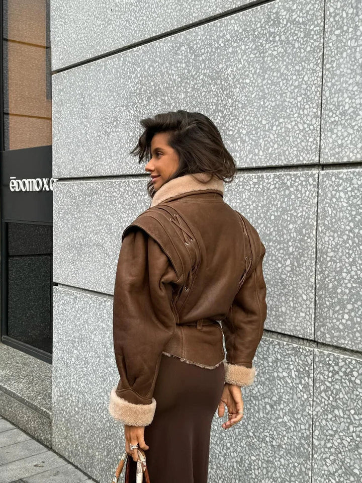 Fleece Fodrad Skinnjacka | Brun | Bälte | Skinnjacka med fuskpäls | Skinnjacka för kvinnor