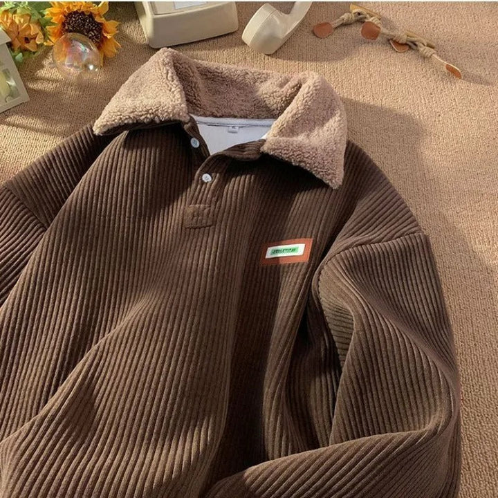Fleecetröja Pullover - Varm - Knäppning - Corduroy Pullover - Vinterkläder för män