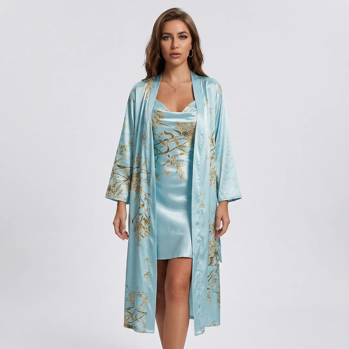 Set med kimono och slipklänning i blommigt tryck – Thelma
