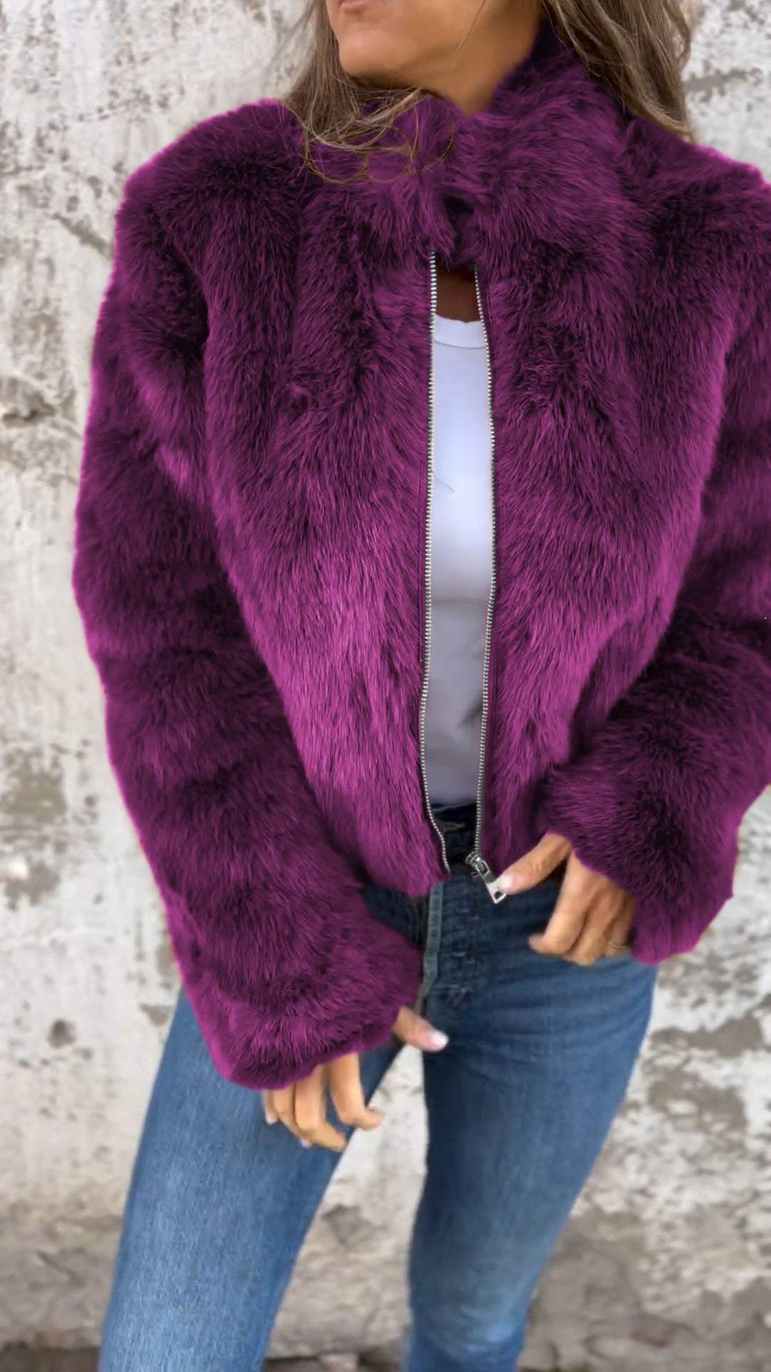 Fuskpälsjacka - Kort - Zip-Up - Fluffig jacka dam - Fake Fur damjackor