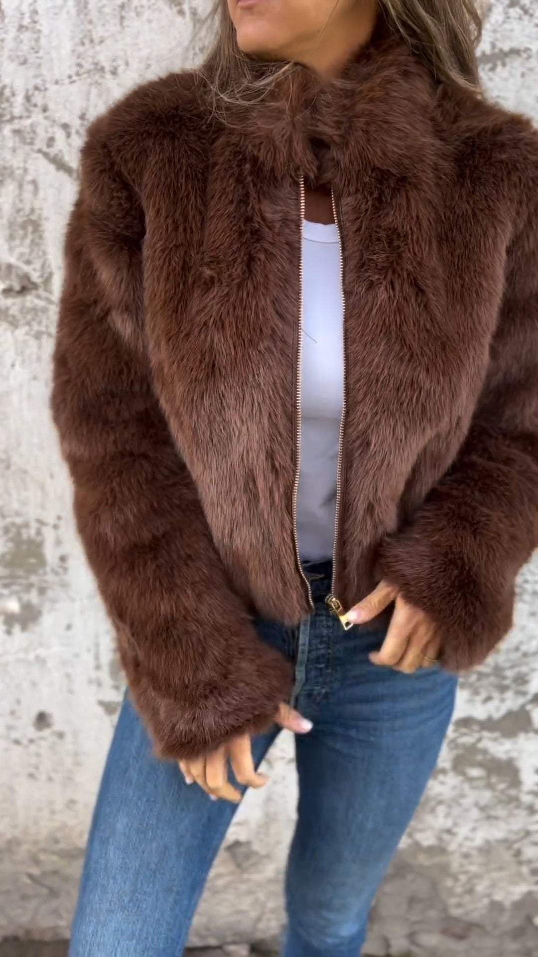 Fuskpälsjacka - Kort - Zip-Up - Fluffig jacka dam - Fake Fur damjackor