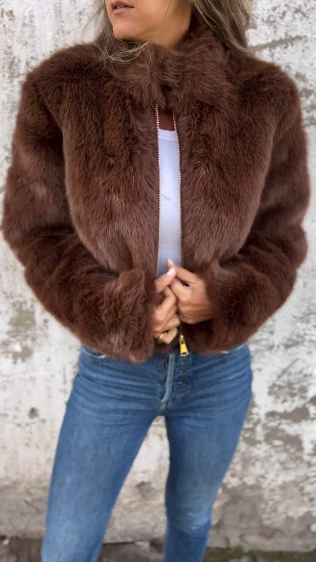 Fuskpälsjacka - Kort - Zip-Up - Fluffig jacka dam - Fake Fur damjackor