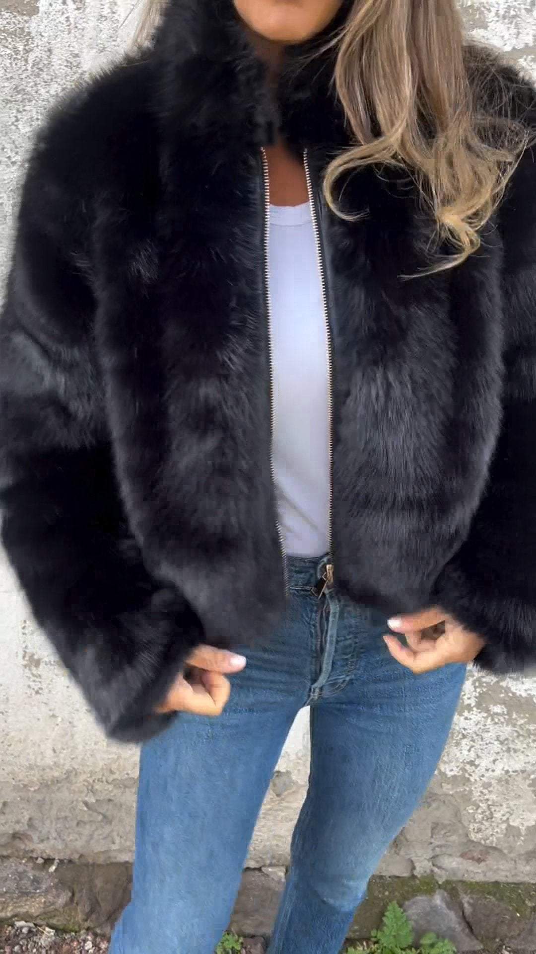 Fuskpälsjacka - Kort - Zip-Up - Fluffig jacka dam - Fake Fur damjackor