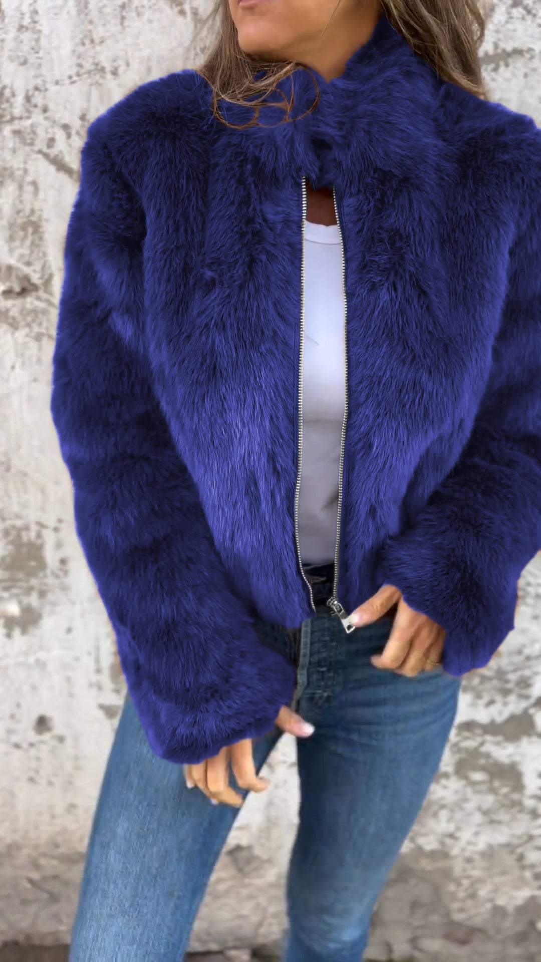 Fuskpälsjacka - Kort - Zip-Up - Fluffig jacka dam - Fake Fur damjackor