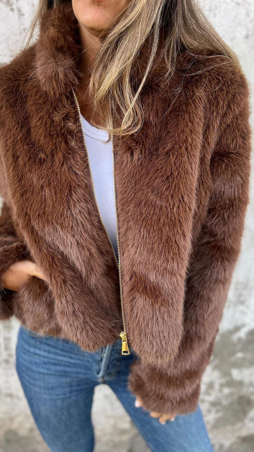 Fuskpälsjacka - Kort - Zip-Up - Fluffig jacka dam - Fake Fur damjackor