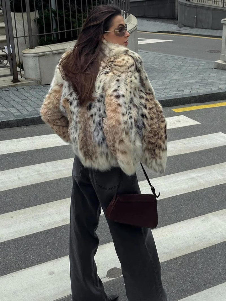 Fuskpälsjacka - Leopard - Kort - Fluffig jacka - Vinterjacka för dam