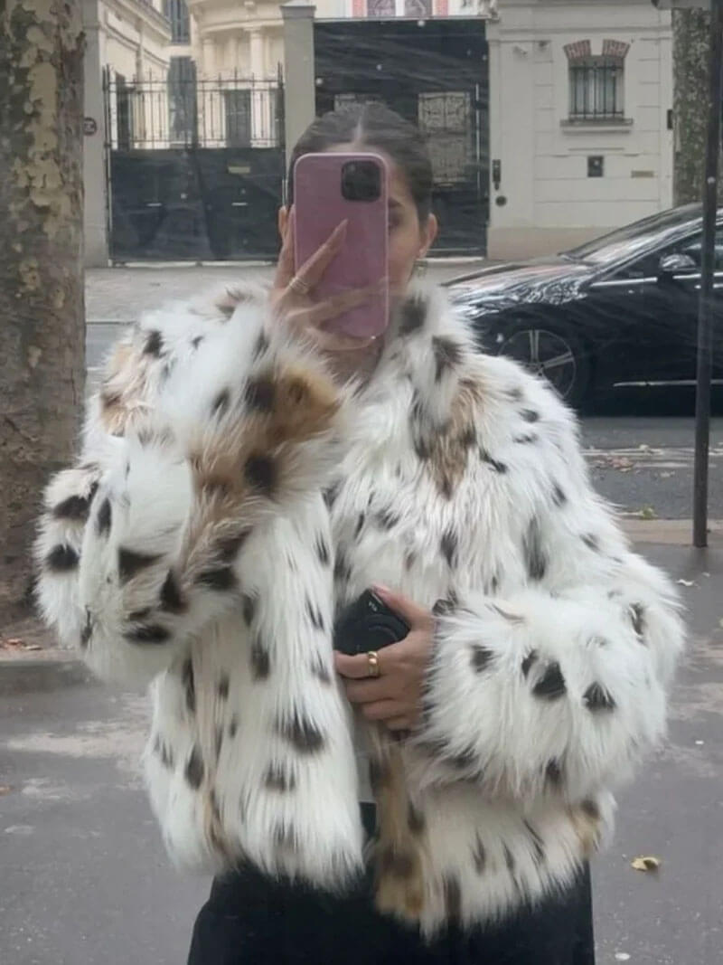 Fuskpälsjacka - Leopard - Kort - Fluffig jacka - Vinterjacka för dam