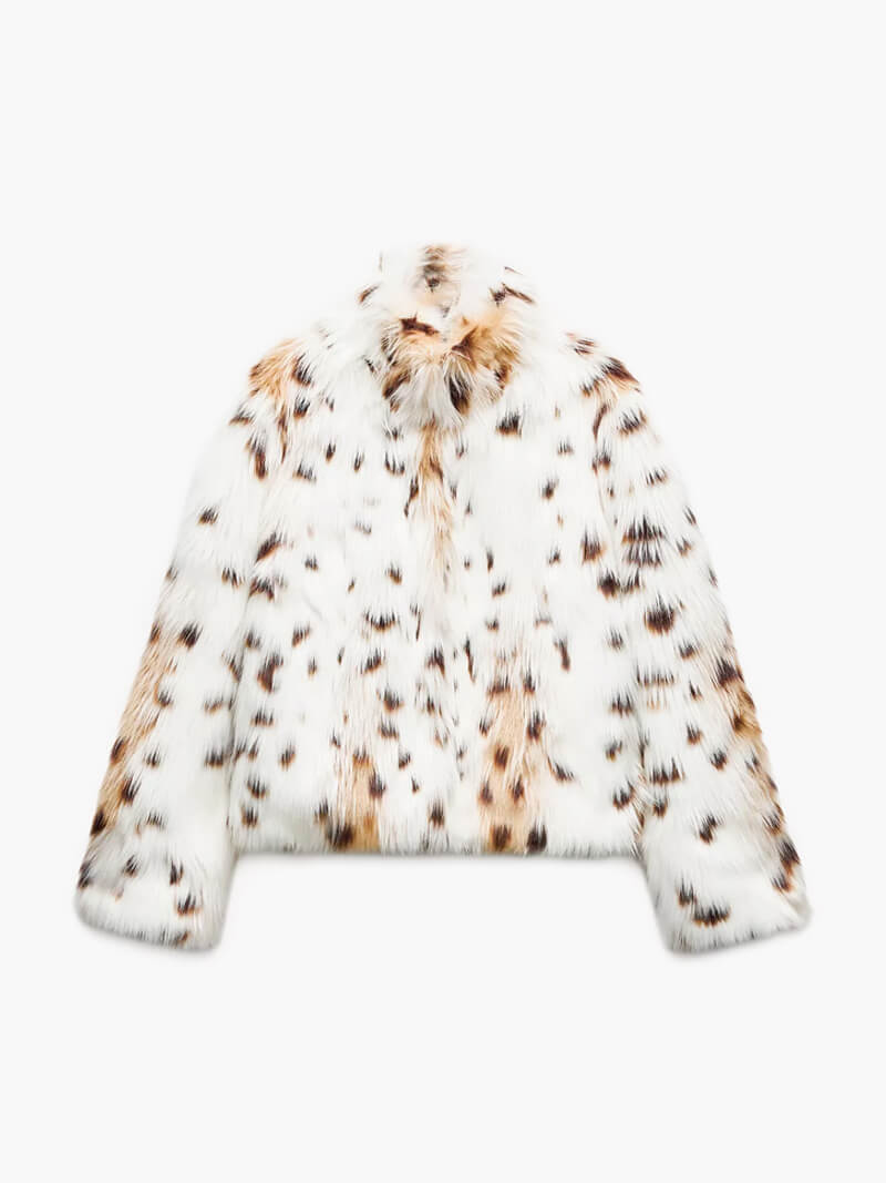 Fuskpälsjacka - Leopard - Kort - Fluffig jacka - Vinterjacka för dam