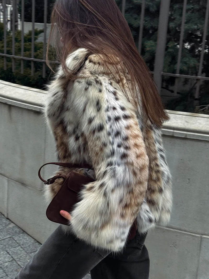 Fuskpälsjacka - Leopard - Kort - Fluffig jacka - Vinterjacka för dam