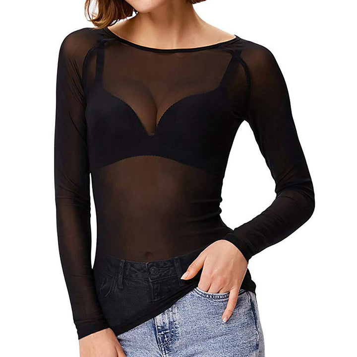 Dam Mesh Top med Långa Ärmar och Genomskinlig Design