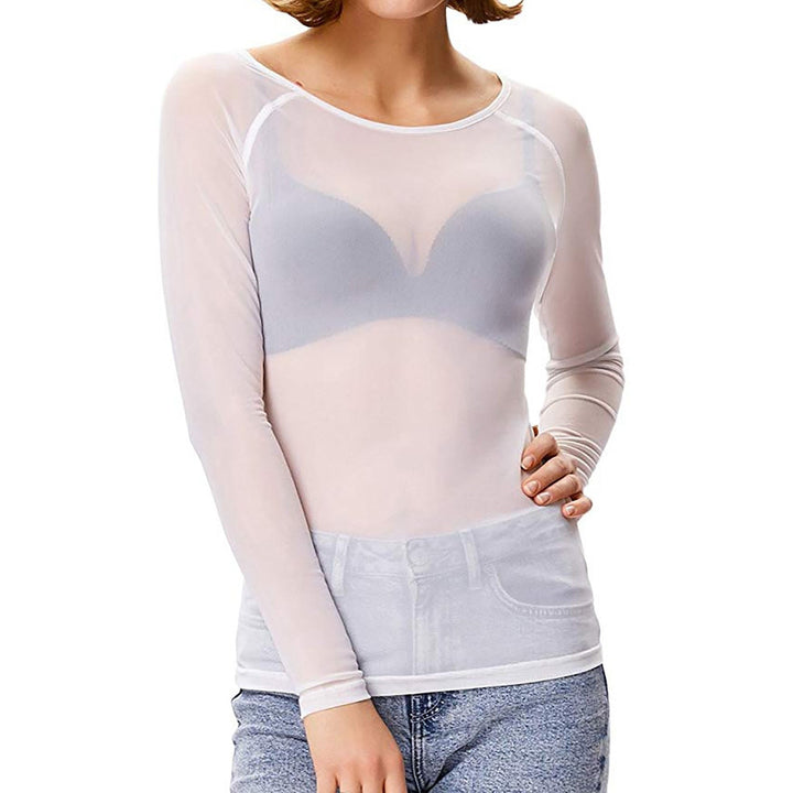 Dam Mesh Top med Långa Ärmar och Genomskinlig Design
