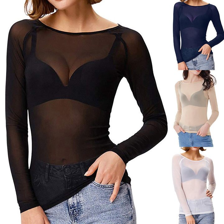 Dam Mesh Top med Långa Ärmar och Genomskinlig Design