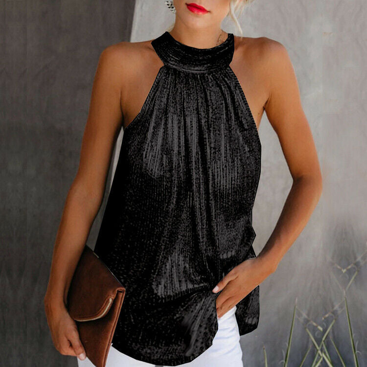 Glitter Top - Ärmlös halterneck-top med paljetter för fest för kvinnor