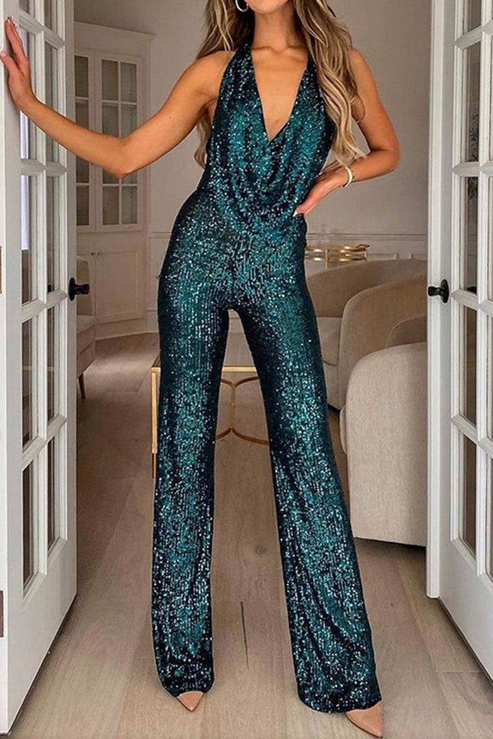 Glitteroverall - V-ringad - Ärmlös - Overall med paljetter - Festoveraller för kvinnor