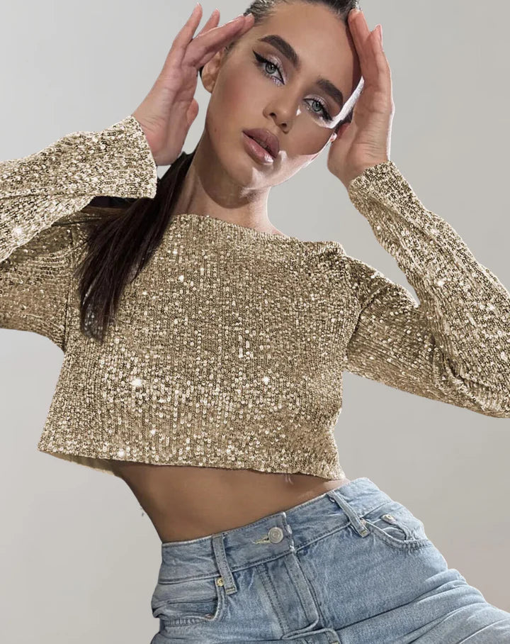 Dam Crop Top Glittrande Kortärmad