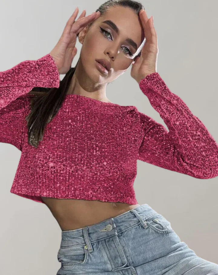 Dam Crop Top Glittrande Kortärmad