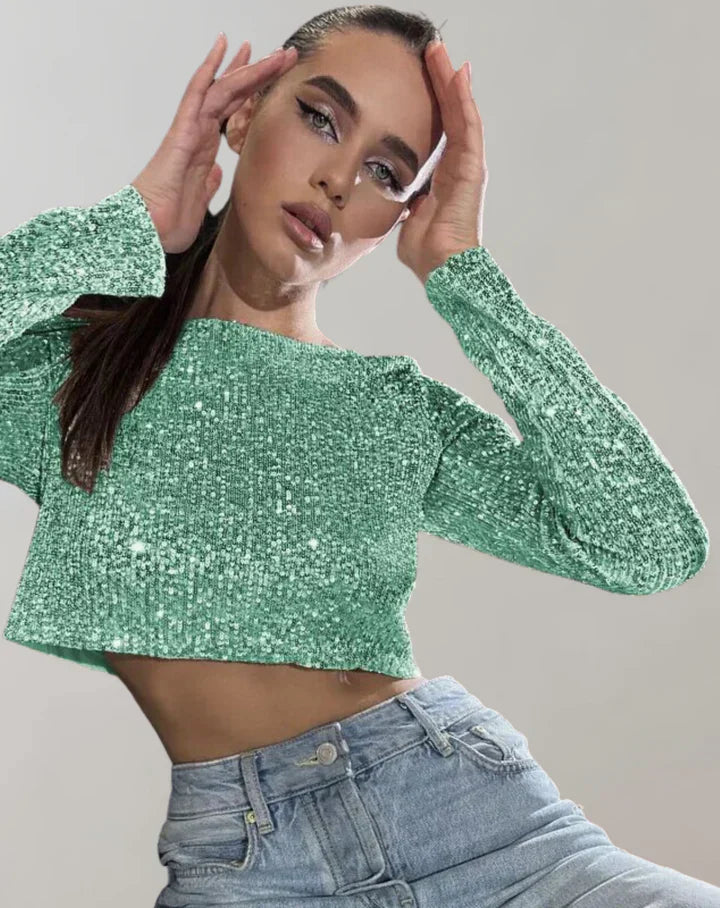 Dam Crop Top Glittrande Kortärmad