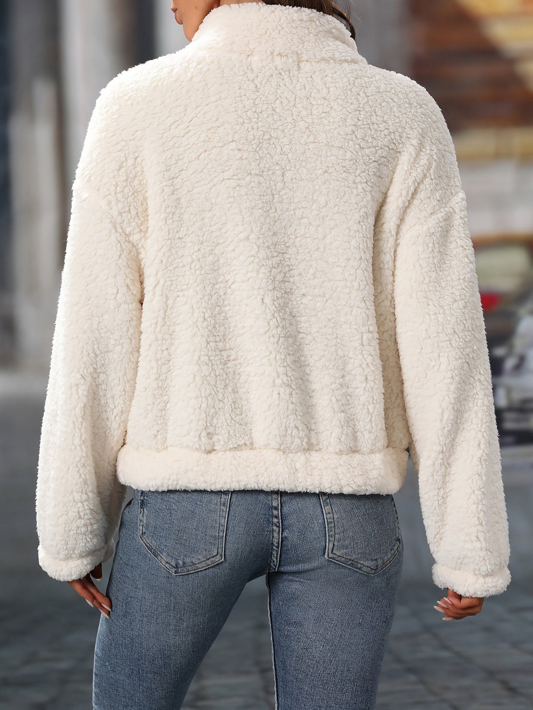 Half Zip Fleece - Varm vit Teddy Fleece Pullover för kvinnor