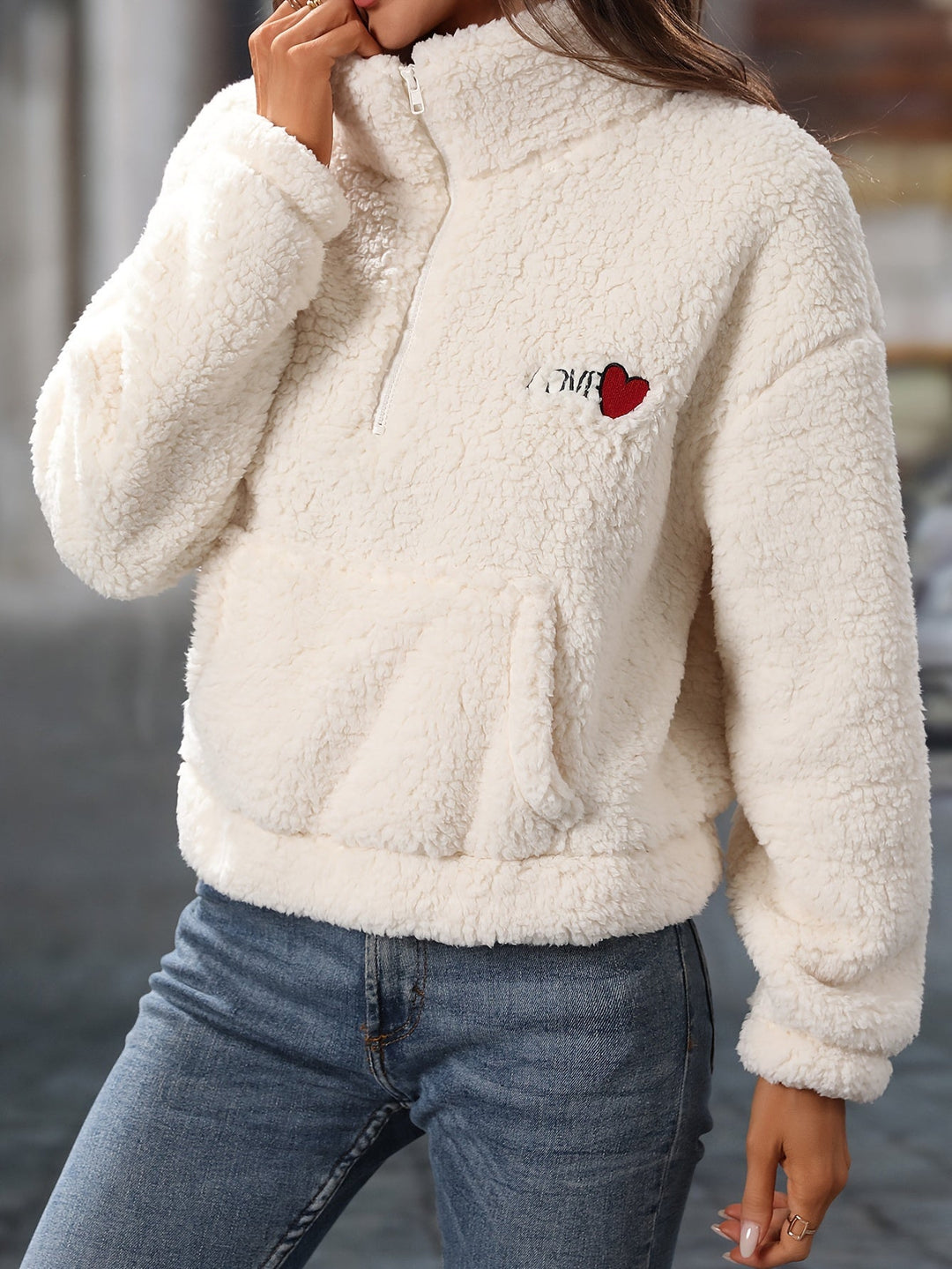 Half Zip Fleece - Varm vit Teddy Fleece Pullover för kvinnor