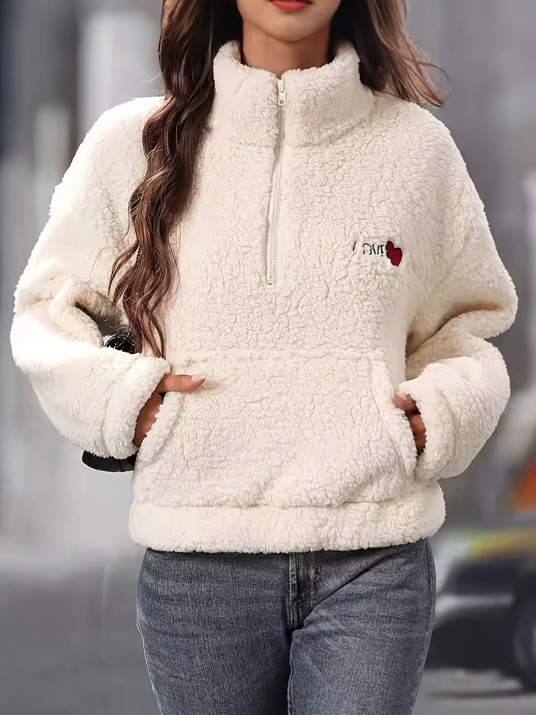 Half Zip Fleece - Varm vit Teddy Fleece Pullover för kvinnor